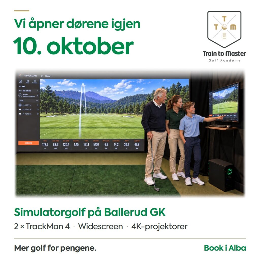 Promotional poster announcing opening on 10 October for a golf academy, showing a family using a golf simulator screen on the left.